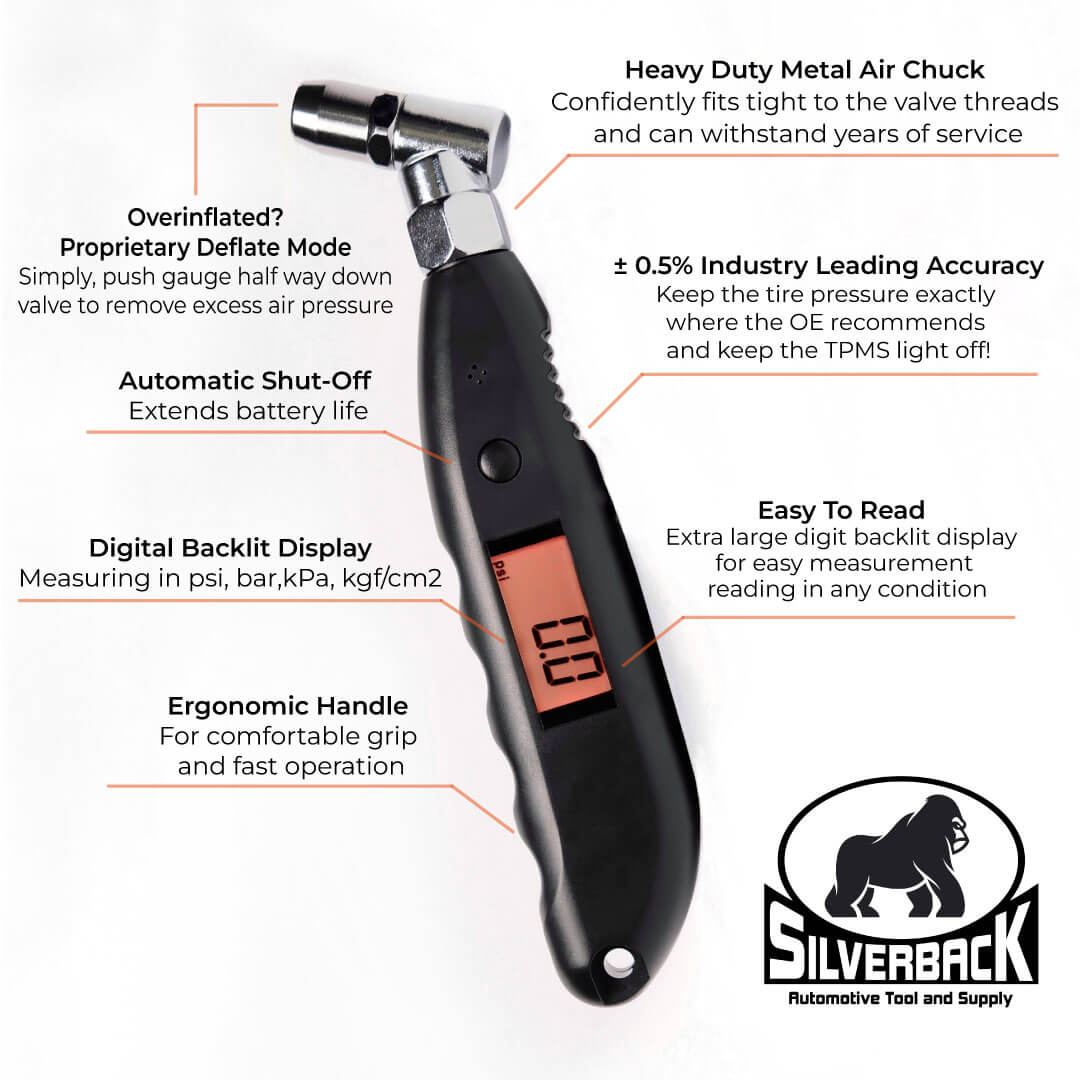 Silverback Automotive Professional Digital Tire Pressure Gauge, 0-150 PSI  for Car, Truck and Motorcycle with Backlit LCD with Unit Measurements.  Silverback